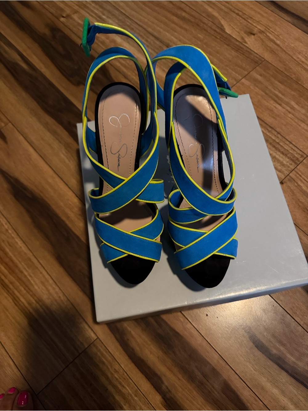 Jessica Simpson Teal-Blue Crisscross Slingback Heels with Yellow Trim
